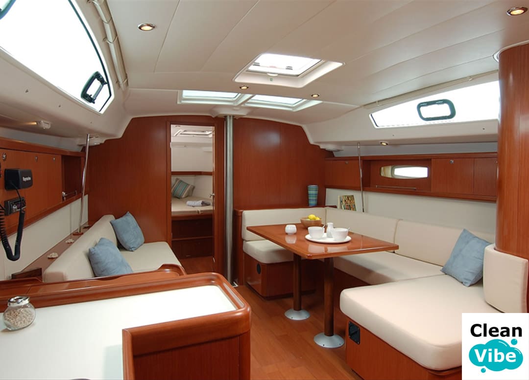 Interior seating area on a modern yacht