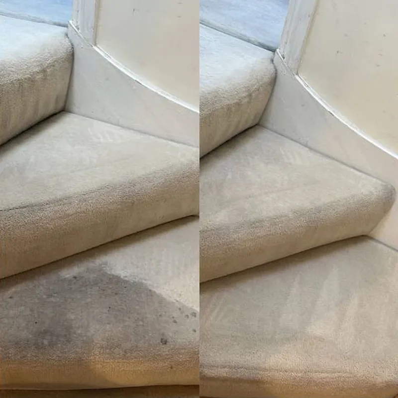 Stairs mid-cleaning with side-by-side results