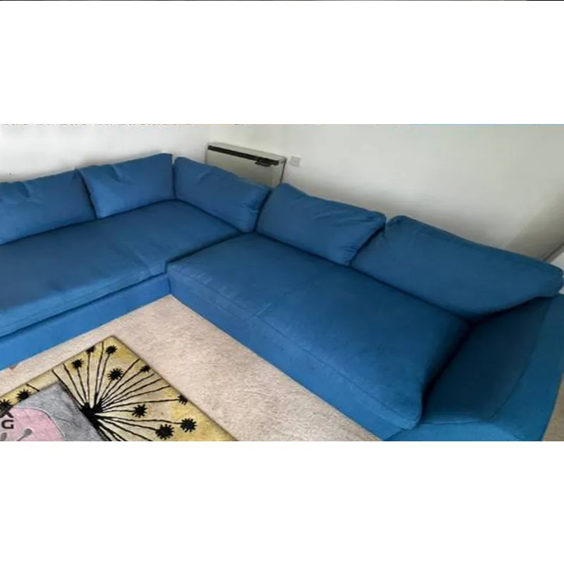Blue sectional after cleaning, fabric refreshed